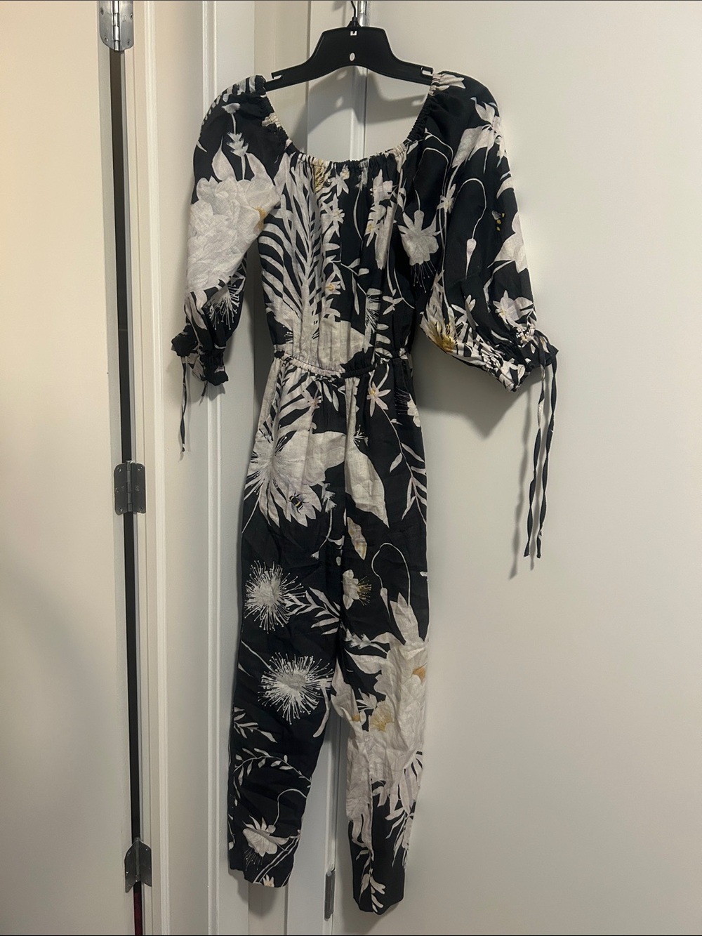 H&M Black Floral Puff-Sleeve Jumpsuit with Cream & Yellow Details